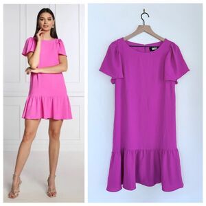 NWT DKNY Women's Flutter Sleeve Ruffle Hem Shift Dress in Raspberry Pink Size 10